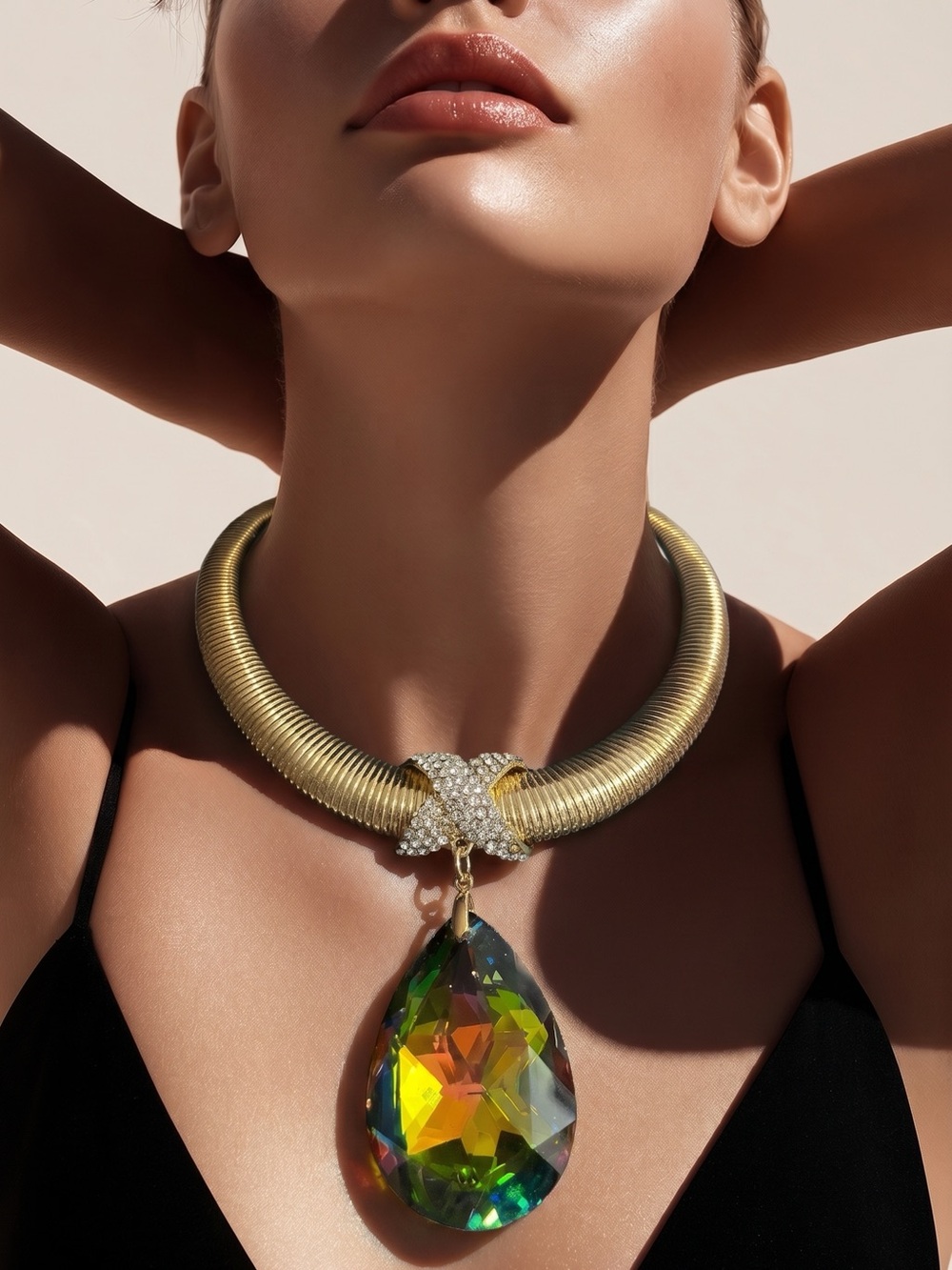 Gold Choker Necklace with Multicolor Teardrop Crystal Pendant